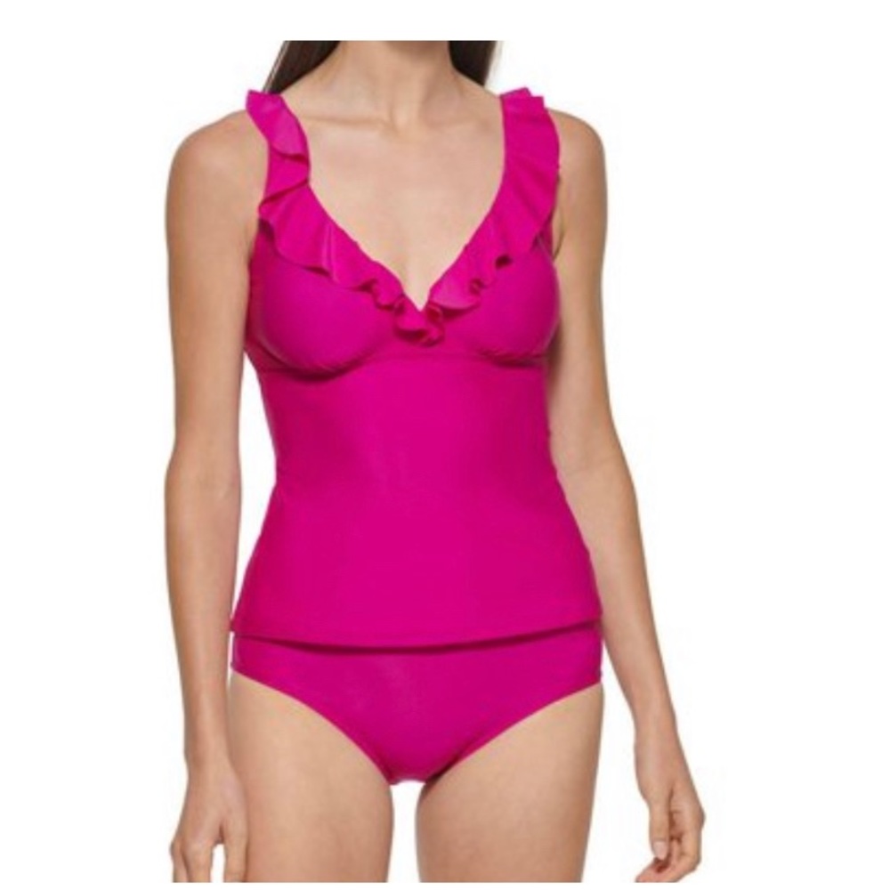 NWT DKNY Ladies Swimsuit Ruffle 2 piece Tankini Fiesta Pink Size Large (12/14)